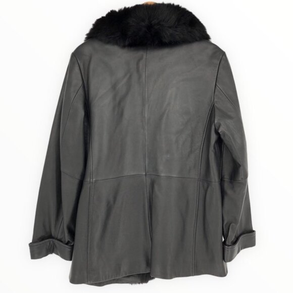 90’s Vintage Black Lambskin Leather Blue Fox Fur Collar Trim Jacket - Picture 8 of 14